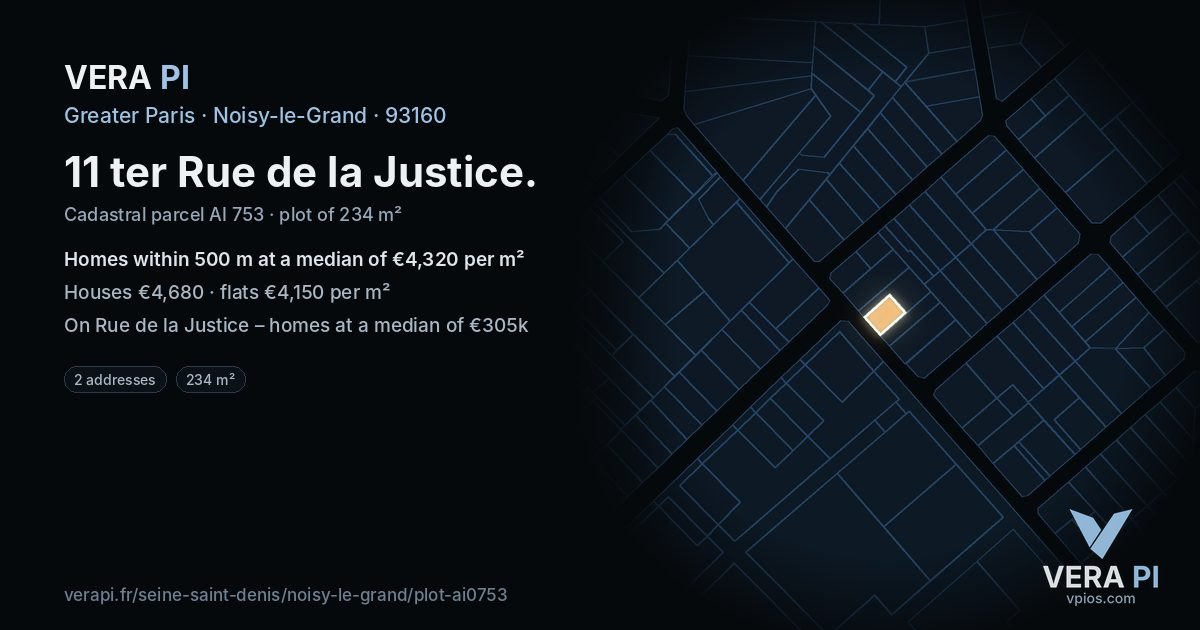 11 ter Rue de la Justice, Noisy-le-Grand at night – the plot lit, the parcels around coloured by the prices near them