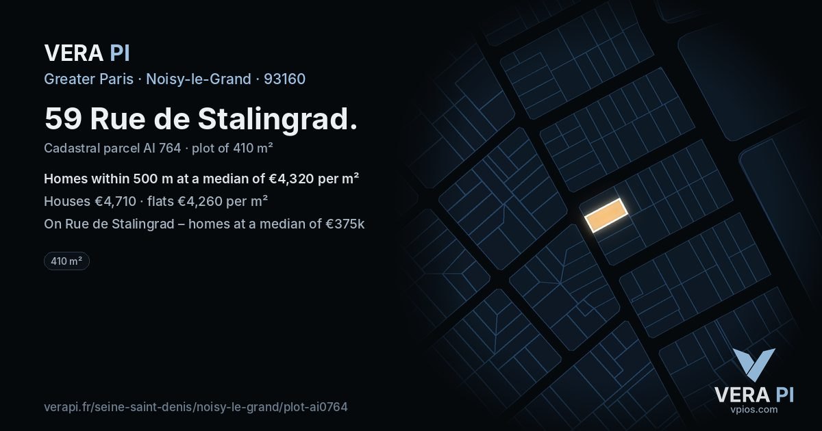 59 Rue de Stalingrad, Noisy-le-Grand at night – the plot lit, the parcels around coloured by the prices near them