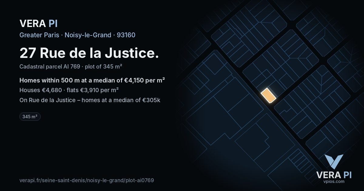 27 Rue de la Justice, Noisy-le-Grand at night – the plot lit, the parcels around coloured by the prices near them