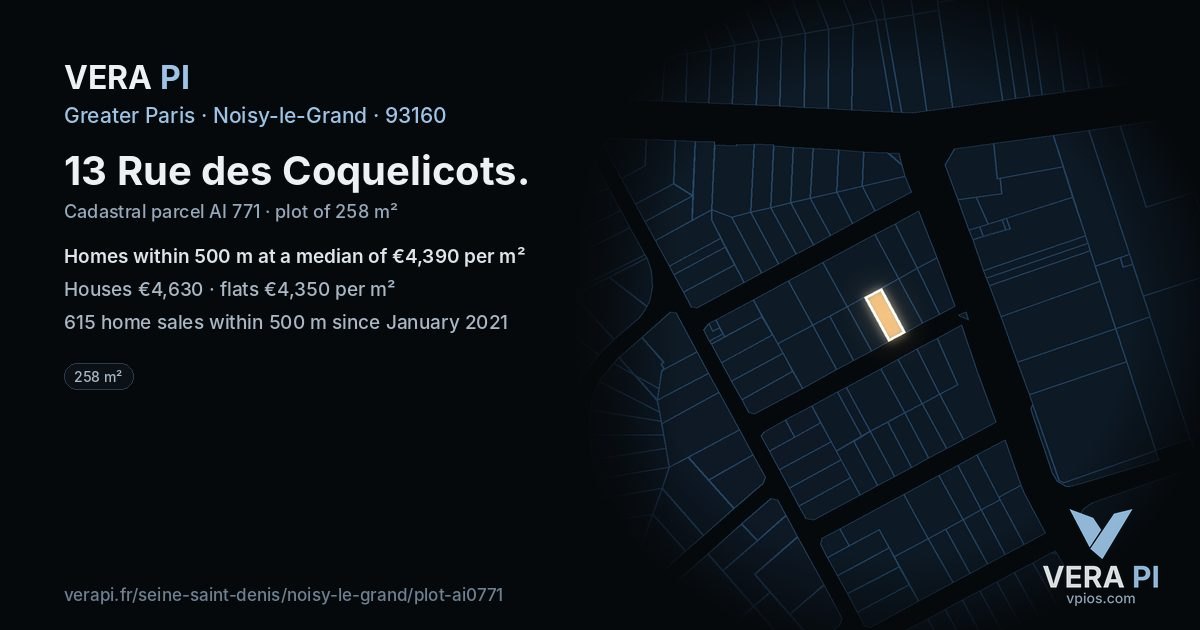 13 Rue des Coquelicots, Noisy-le-Grand at night – the plot lit, the parcels around coloured by the prices near them