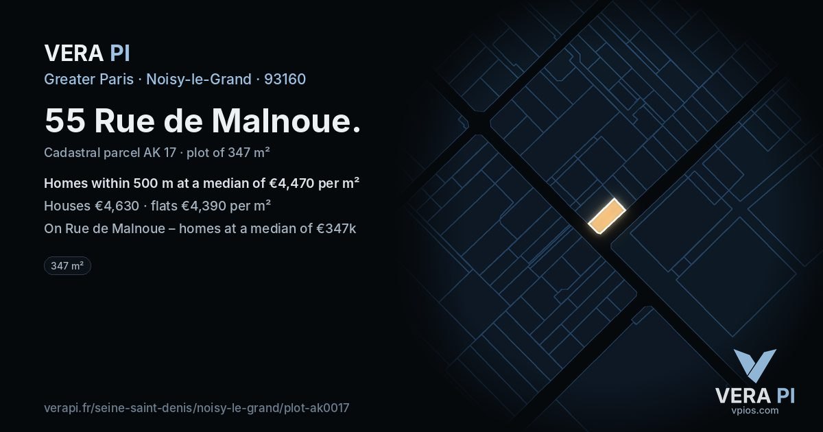 55 Rue de Malnoue, Noisy-le-Grand at night – the plot lit, the parcels around coloured by the prices near them