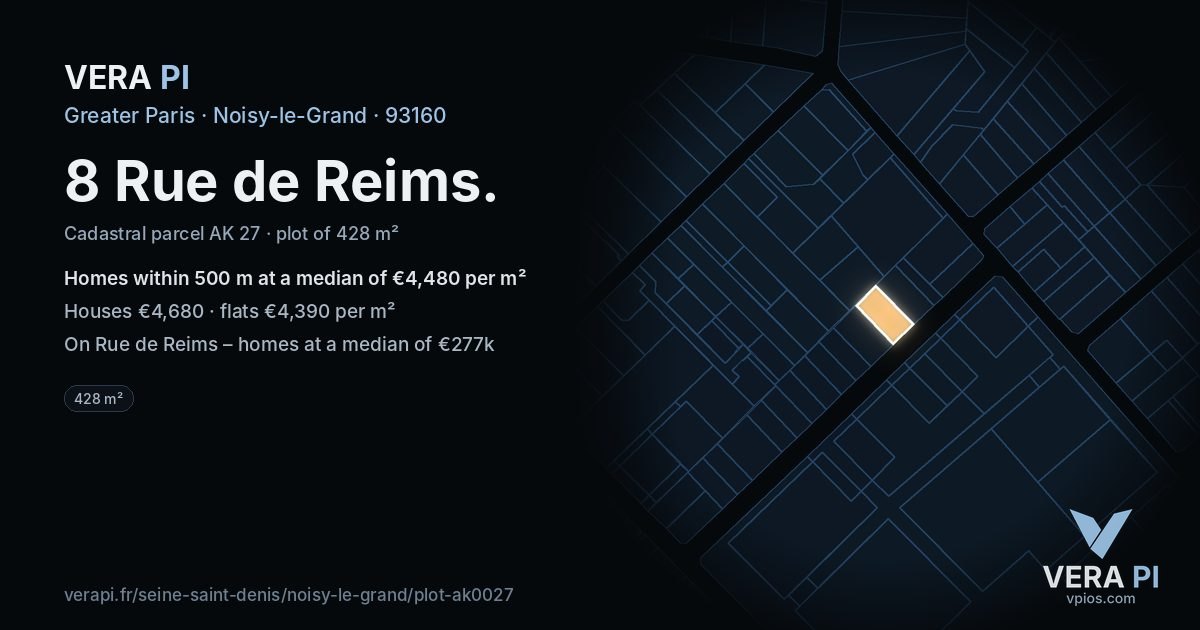 8 Rue de Reims, Noisy-le-Grand at night – the plot lit, the parcels around coloured by the prices near them
