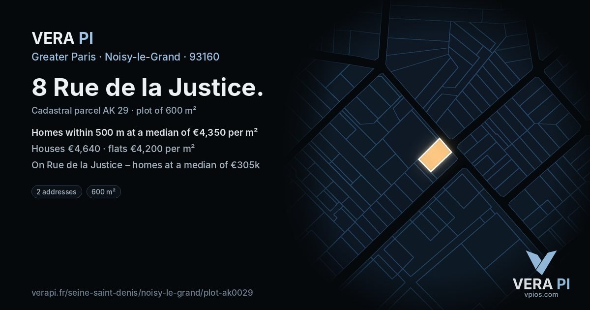 8 Rue de la Justice, Noisy-le-Grand at night – the plot lit, the parcels around coloured by the prices near them
