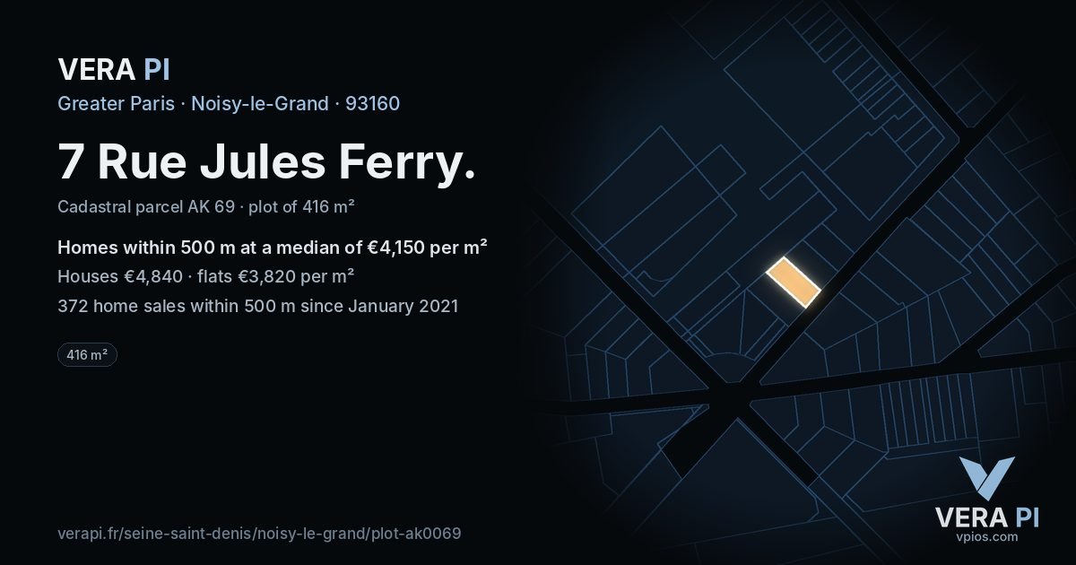 7 Rue Jules Ferry, Noisy-le-Grand at night – the plot lit, the parcels around coloured by the prices near them