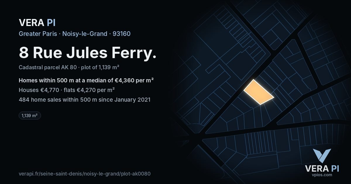8 Rue Jules Ferry, Noisy-le-Grand at night – the plot lit, the parcels around coloured by the prices near them
