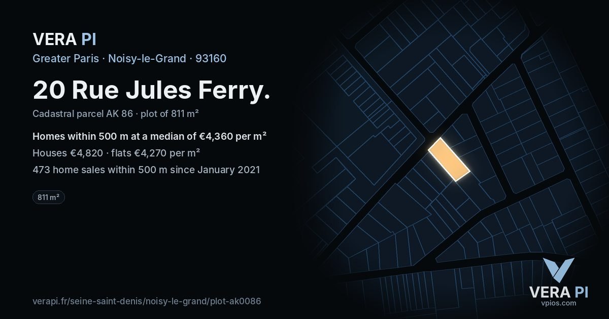 20 Rue Jules Ferry, Noisy-le-Grand at night – the plot lit, the parcels around coloured by the prices near them