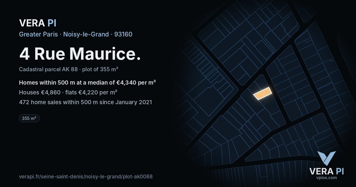 4 Rue Maurice, Noisy-le-Grand at night – the plot lit, the parcels around coloured by the prices near them