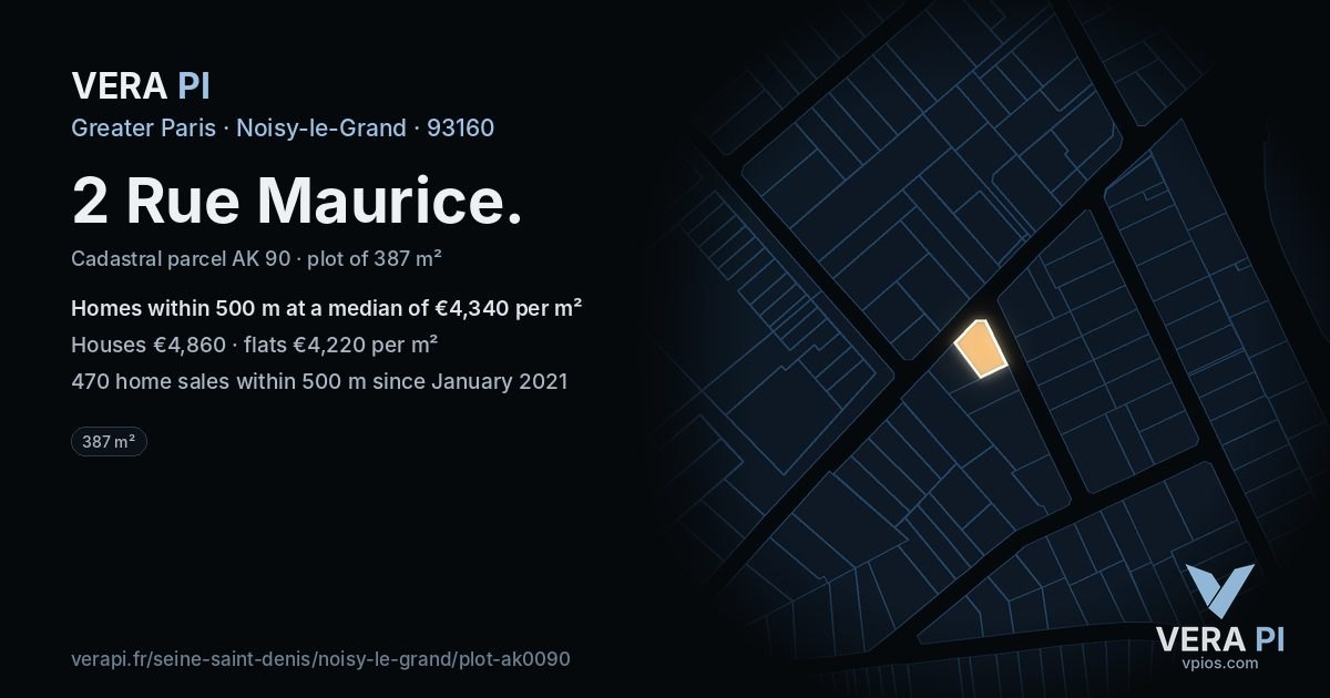 2 Rue Maurice, Noisy-le-Grand at night – the plot lit, the parcels around coloured by the prices near them