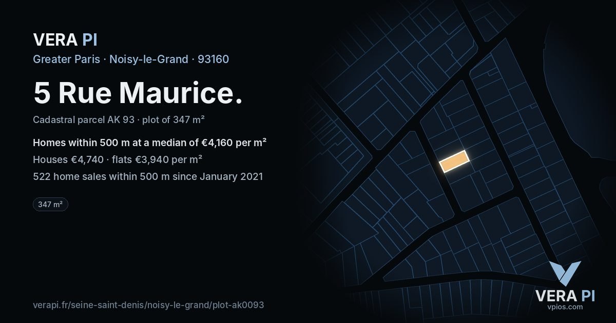 5 Rue Maurice, Noisy-le-Grand at night – the plot lit, the parcels around coloured by the prices near them