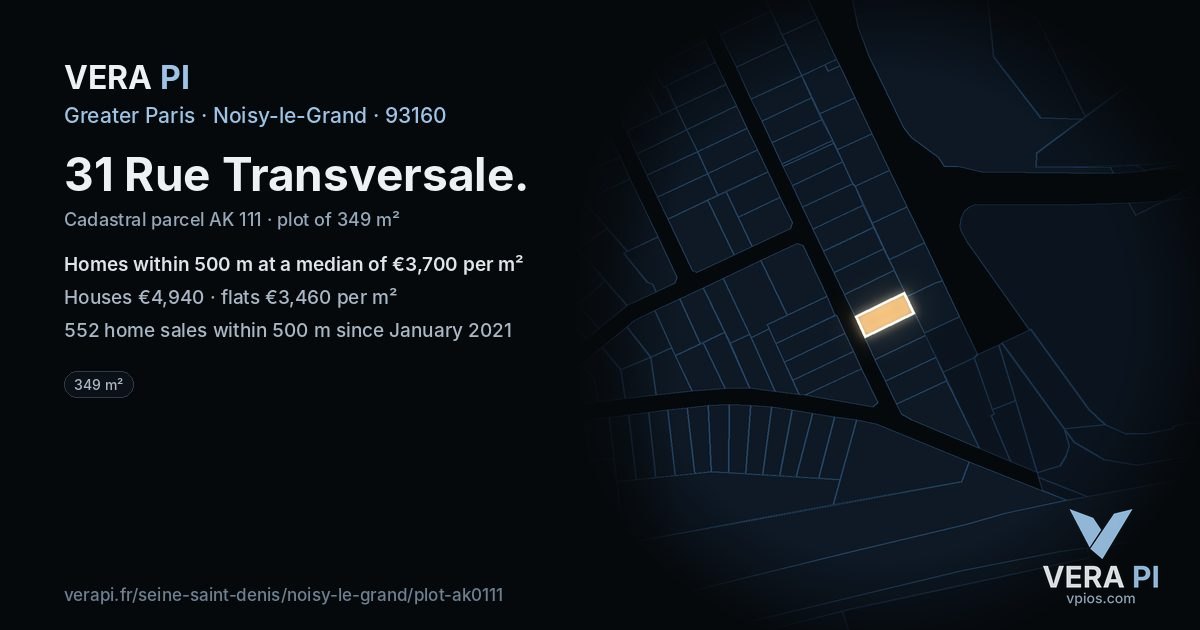 31 Rue Transversale, Noisy-le-Grand at night – the plot lit, the parcels around coloured by the prices near them