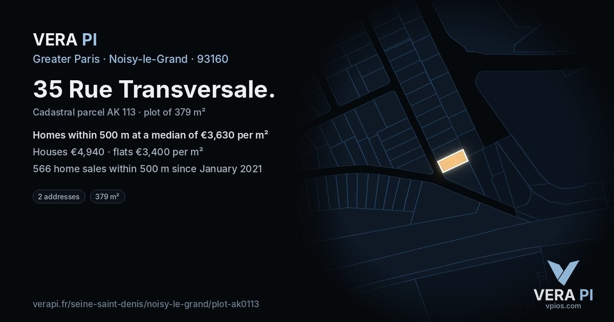 35 Rue Transversale, Noisy-le-Grand at night – the plot lit, the parcels around coloured by the prices near them