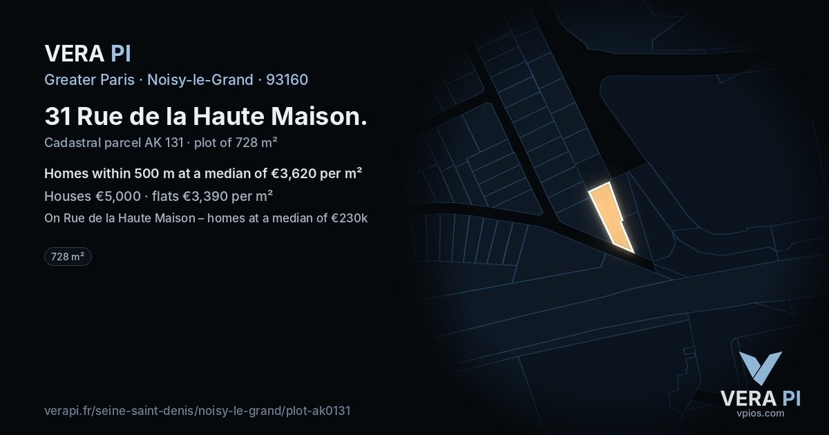 31 Rue de la Haute Maison, Noisy-le-Grand at night – the plot lit, the parcels around coloured by the prices near them