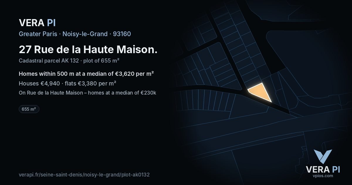 27 Rue de la Haute Maison, Noisy-le-Grand at night – the plot lit, the parcels around coloured by the prices near them