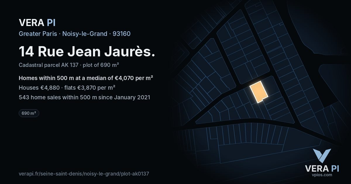 14 Rue Jean Jaurès, Noisy-le-Grand at night – the plot lit, the parcels around coloured by the prices near them