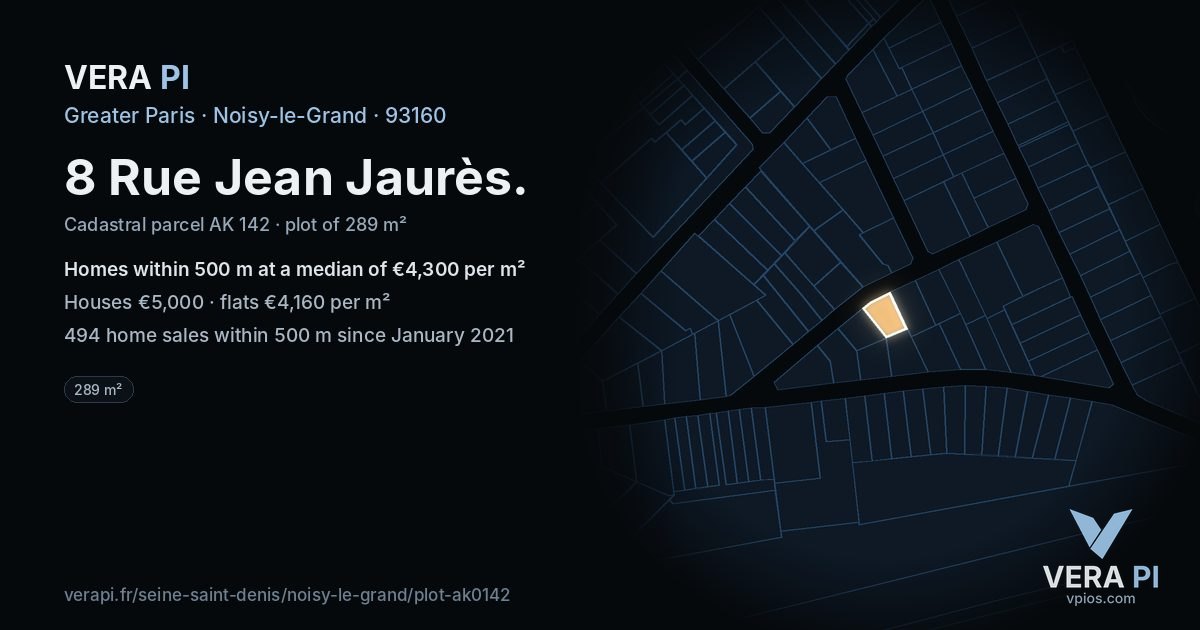 8 Rue Jean Jaurès, Noisy-le-Grand at night – the plot lit, the parcels around coloured by the prices near them