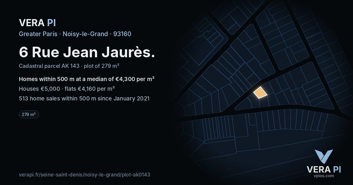 6 Rue Jean Jaurès, Noisy-le-Grand at night – the plot lit, the parcels around coloured by the prices near them