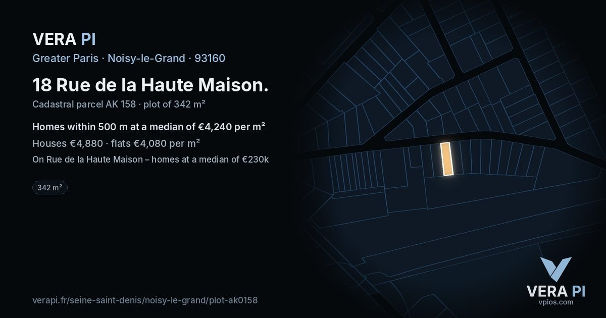 18 Rue de la Haute Maison, Noisy-le-Grand at night – the plot lit, the parcels around coloured by the prices near them