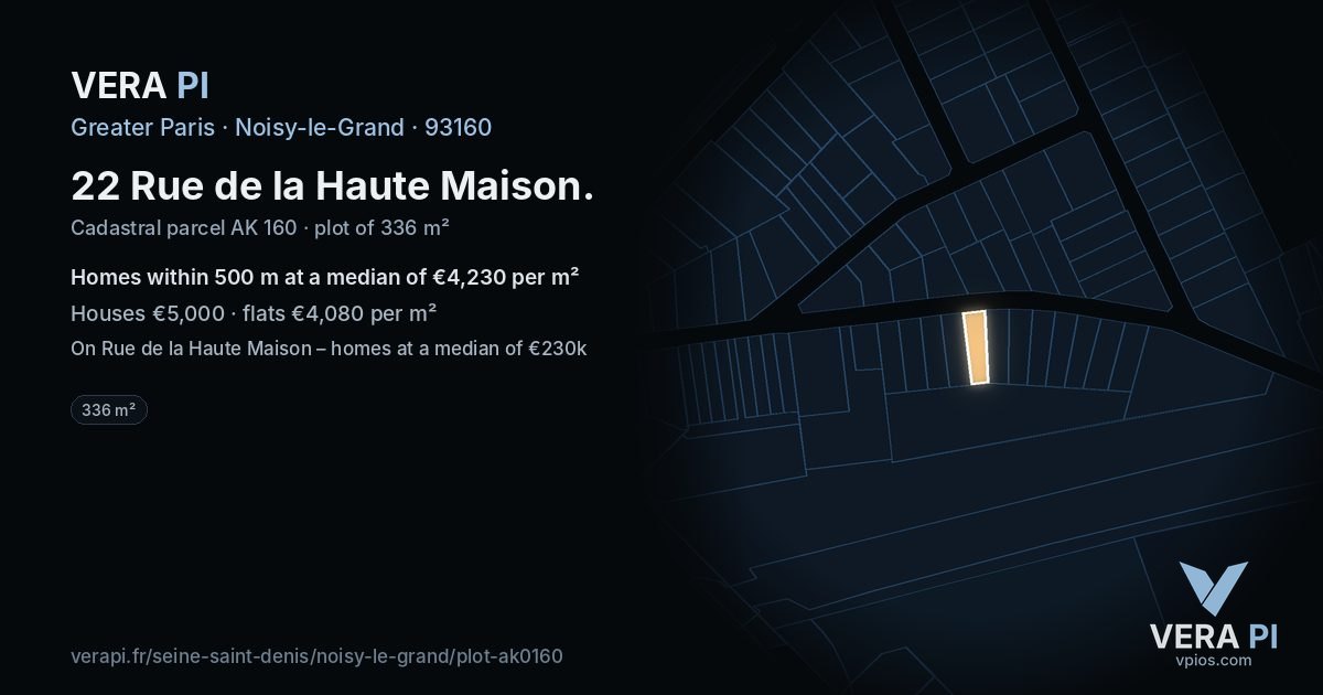 22 Rue de la Haute Maison, Noisy-le-Grand at night – the plot lit, the parcels around coloured by the prices near them