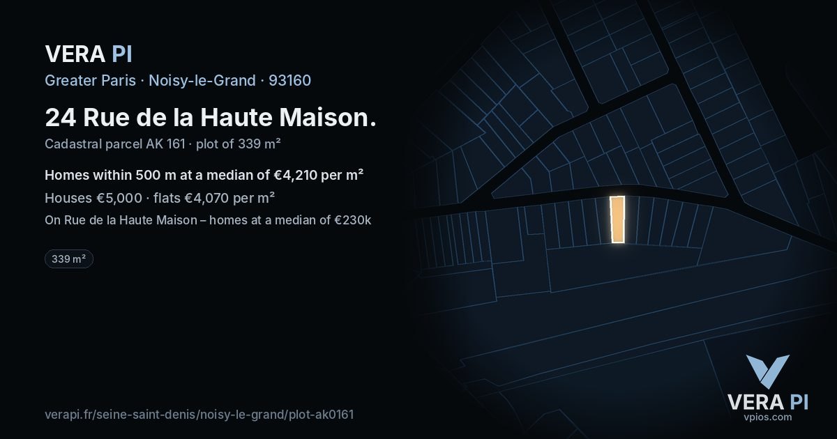 24 Rue de la Haute Maison, Noisy-le-Grand at night – the plot lit, the parcels around coloured by the prices near them