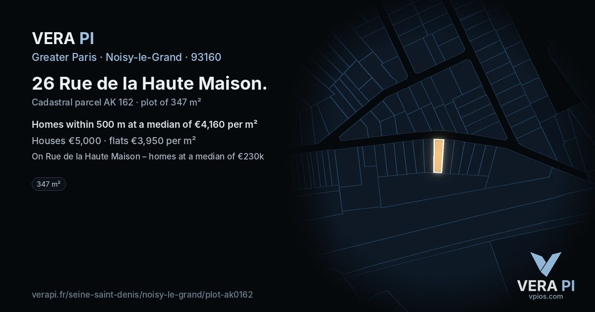 26 Rue de la Haute Maison, Noisy-le-Grand at night – the plot lit, the parcels around coloured by the prices near them