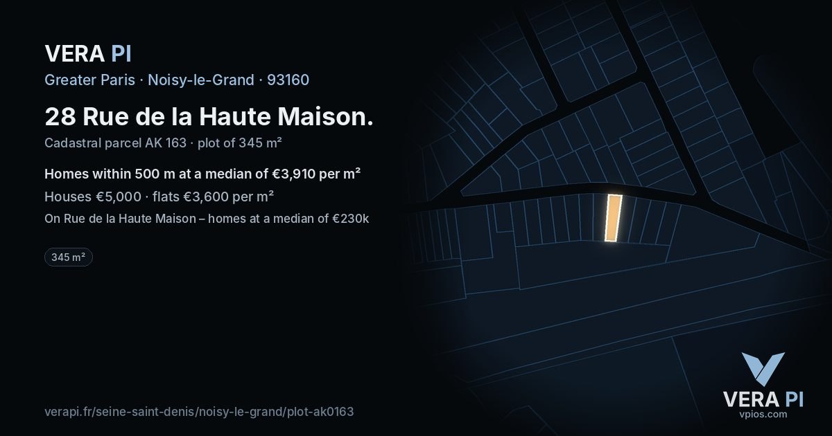 28 Rue de la Haute Maison, Noisy-le-Grand at night – the plot lit, the parcels around coloured by the prices near them