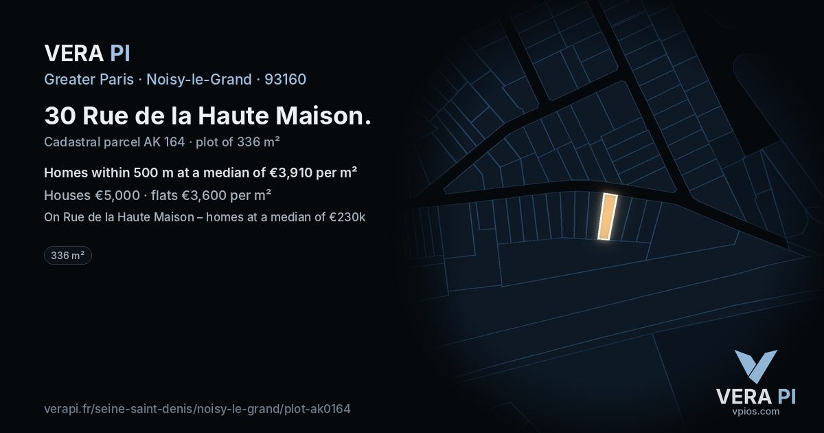 30 Rue de la Haute Maison, Noisy-le-Grand at night – the plot lit, the parcels around coloured by the prices near them