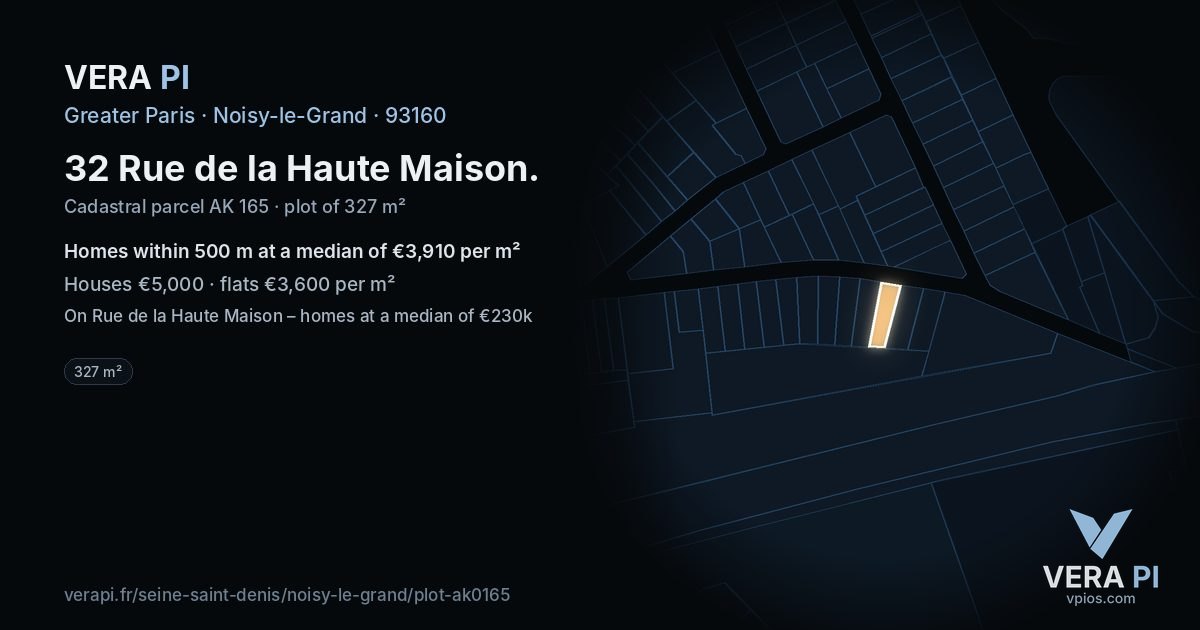 32 Rue de la Haute Maison, Noisy-le-Grand at night – the plot lit, the parcels around coloured by the prices near them