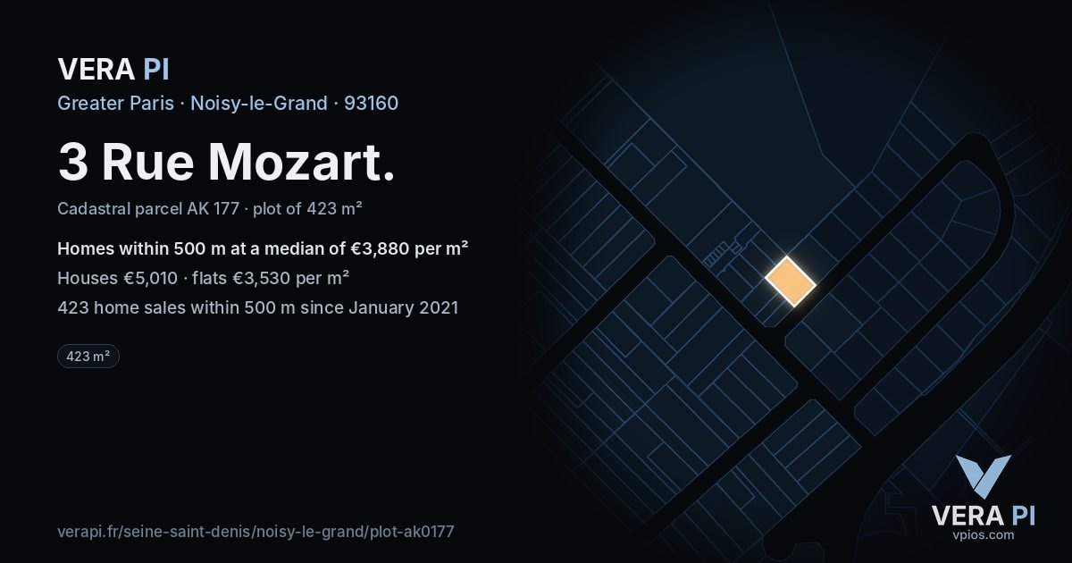 3 Rue Mozart, Noisy-le-Grand at night – the plot lit, the parcels around coloured by the prices near them