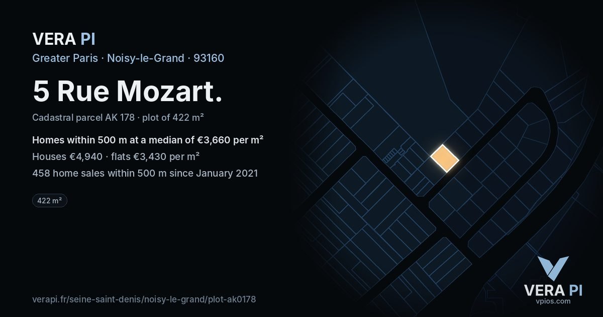 5 Rue Mozart, Noisy-le-Grand at night – the plot lit, the parcels around coloured by the prices near them