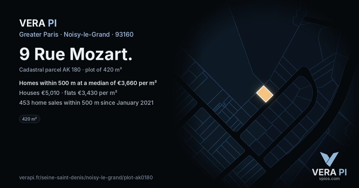 9 Rue Mozart, Noisy-le-Grand at night – the plot lit, the parcels around coloured by the prices near them