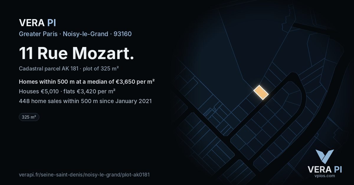 11 Rue Mozart, Noisy-le-Grand at night – the plot lit, the parcels around coloured by the prices near them