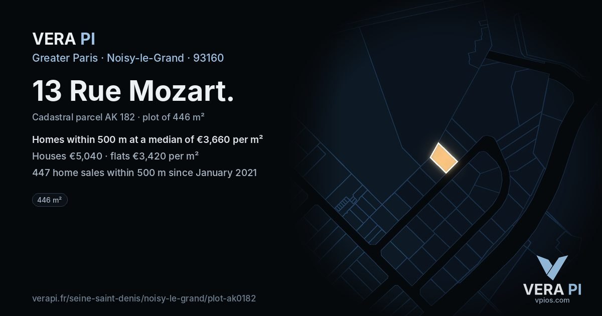 13 Rue Mozart, Noisy-le-Grand at night – the plot lit, the parcels around coloured by the prices near them