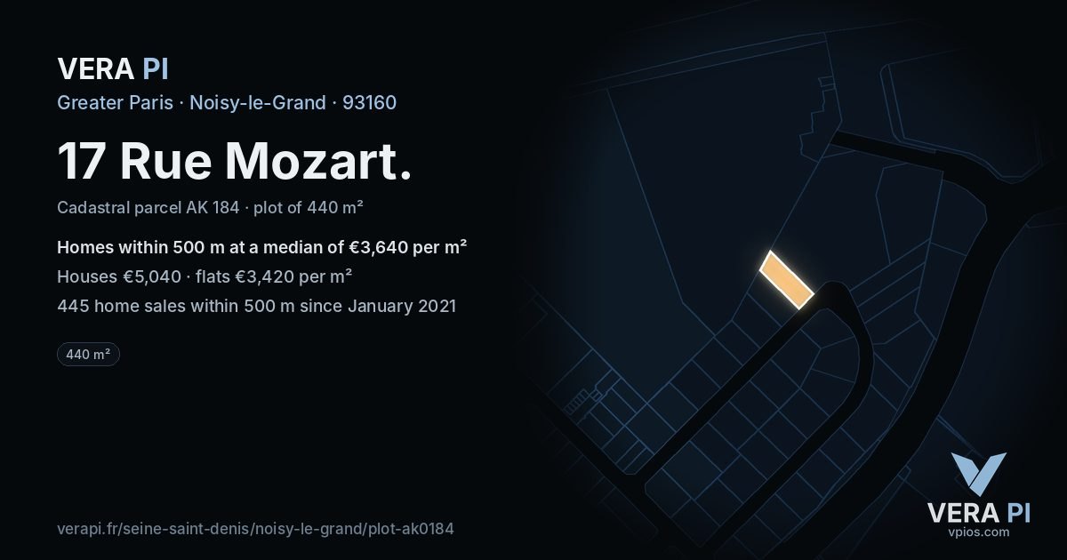 17 Rue Mozart, Noisy-le-Grand at night – the plot lit, the parcels around coloured by the prices near them