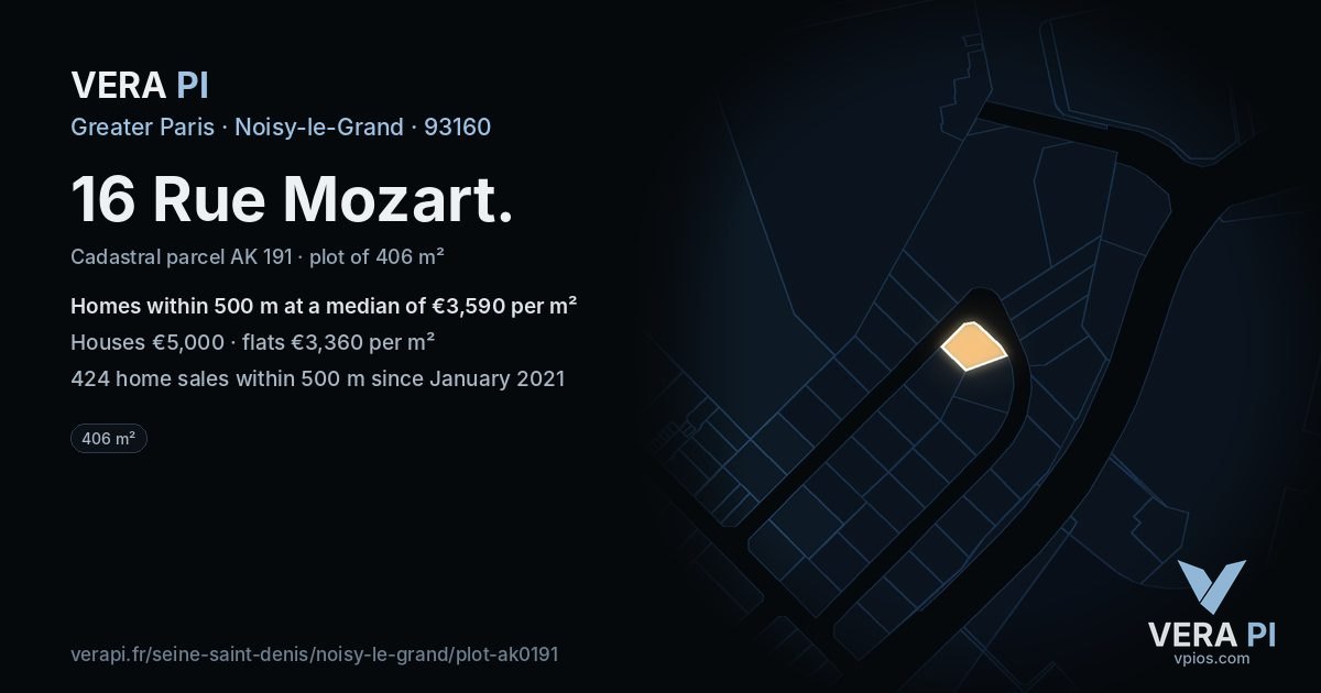 16 Rue Mozart, Noisy-le-Grand at night – the plot lit, the parcels around coloured by the prices near them