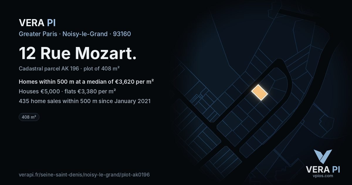 12 Rue Mozart, Noisy-le-Grand at night – the plot lit, the parcels around coloured by the prices near them