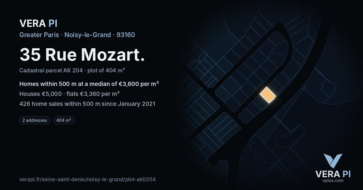 35 Rue Mozart, Noisy-le-Grand at night – the plot lit, the parcels around coloured by the prices near them