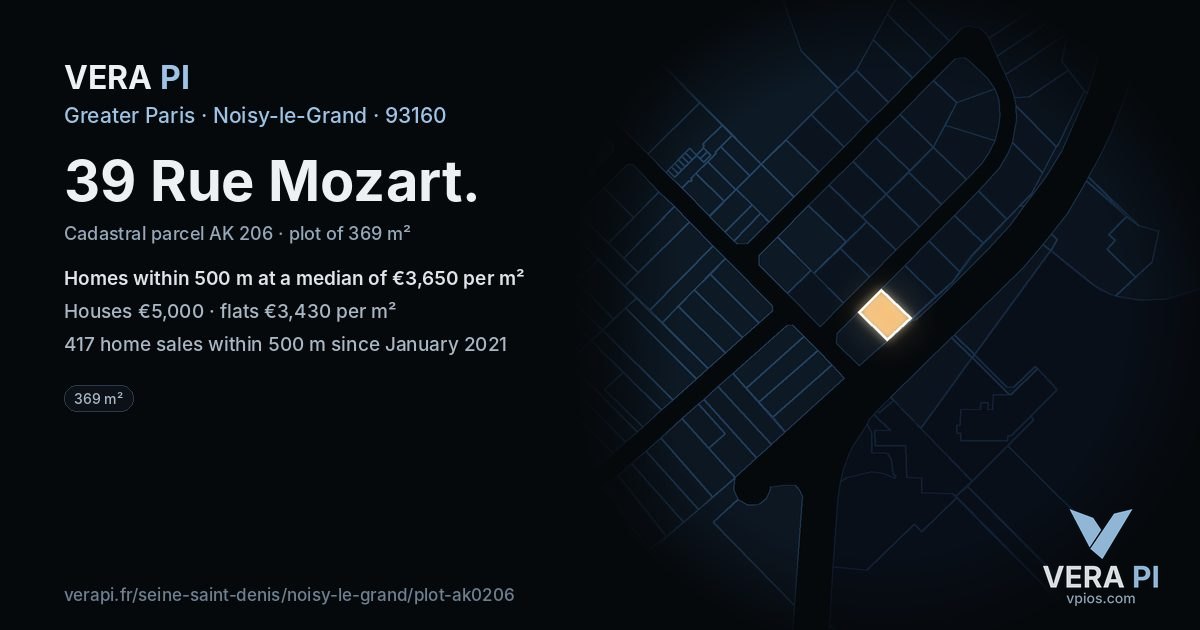 39 Rue Mozart, Noisy-le-Grand at night – the plot lit, the parcels around coloured by the prices near them