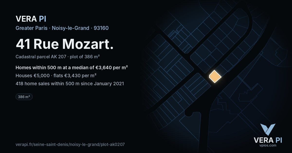 41 Rue Mozart, Noisy-le-Grand at night – the plot lit, the parcels around coloured by the prices near them
