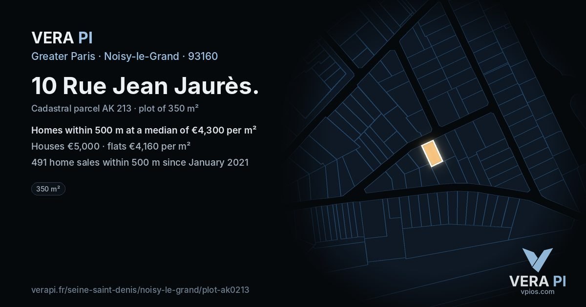 10 Rue Jean Jaurès, Noisy-le-Grand at night – the plot lit, the parcels around coloured by the prices near them