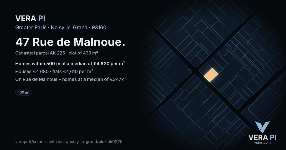 47 Rue de Malnoue, Noisy-le-Grand at night – the plot lit, the parcels around coloured by the prices near them