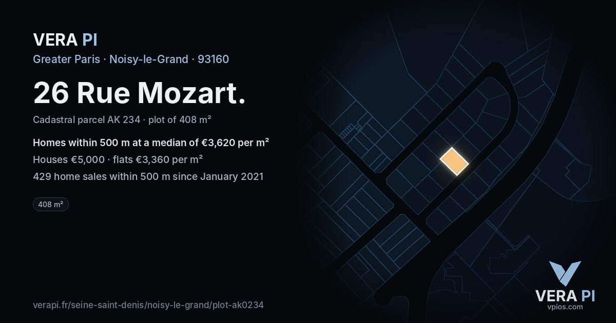 26 Rue Mozart, Noisy-le-Grand at night – the plot lit, the parcels around coloured by the prices near them