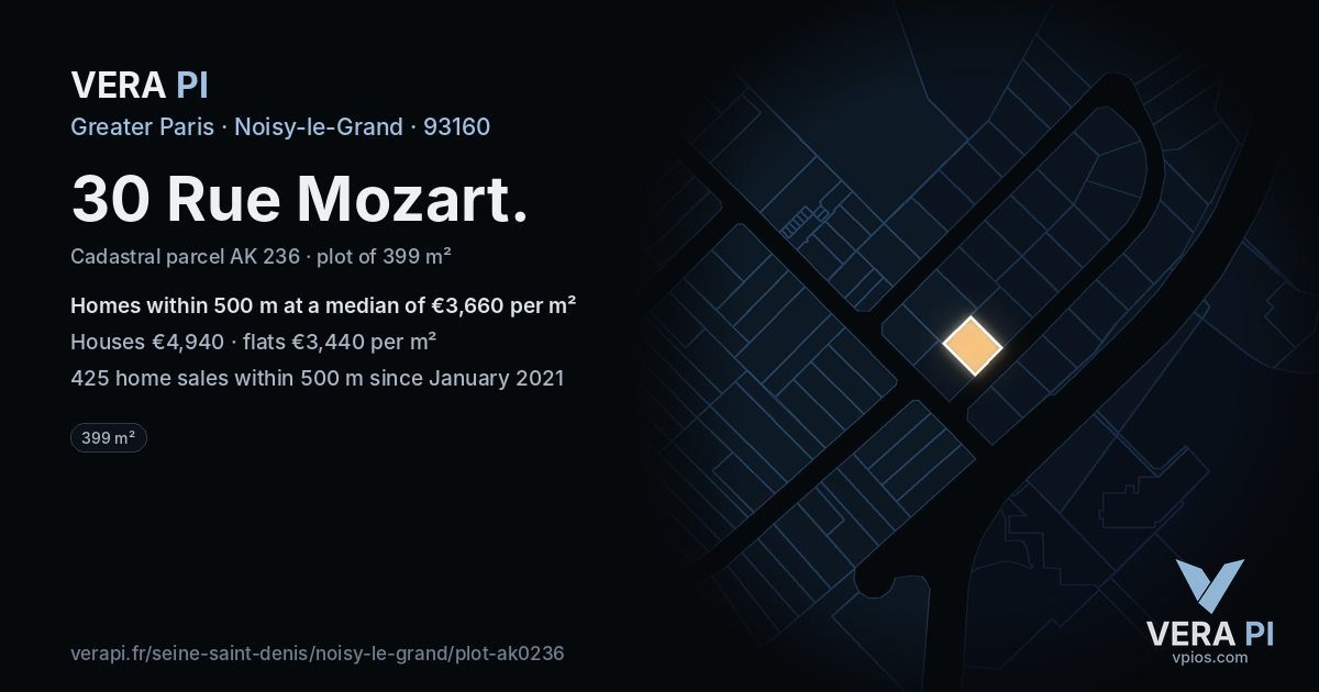 30 Rue Mozart, Noisy-le-Grand at night – the plot lit, the parcels around coloured by the prices near them
