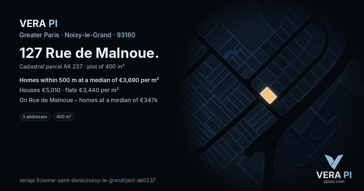 127 Rue de Malnoue, Noisy-le-Grand at night – the plot lit, the parcels around coloured by the prices near them