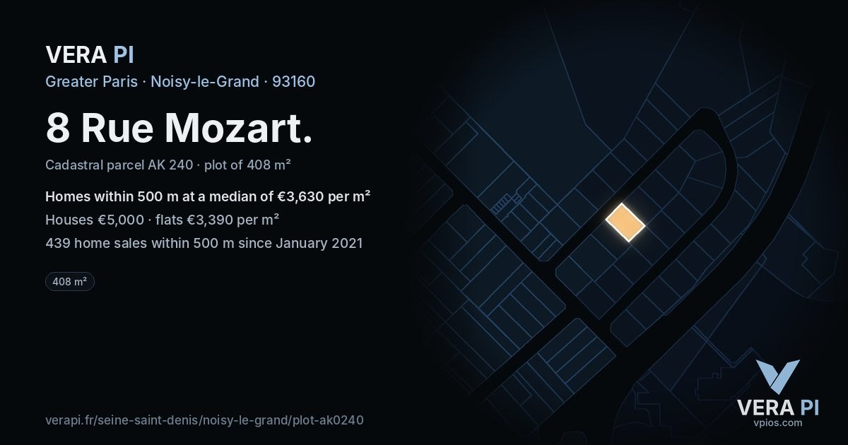 8 Rue Mozart, Noisy-le-Grand at night – the plot lit, the parcels around coloured by the prices near them