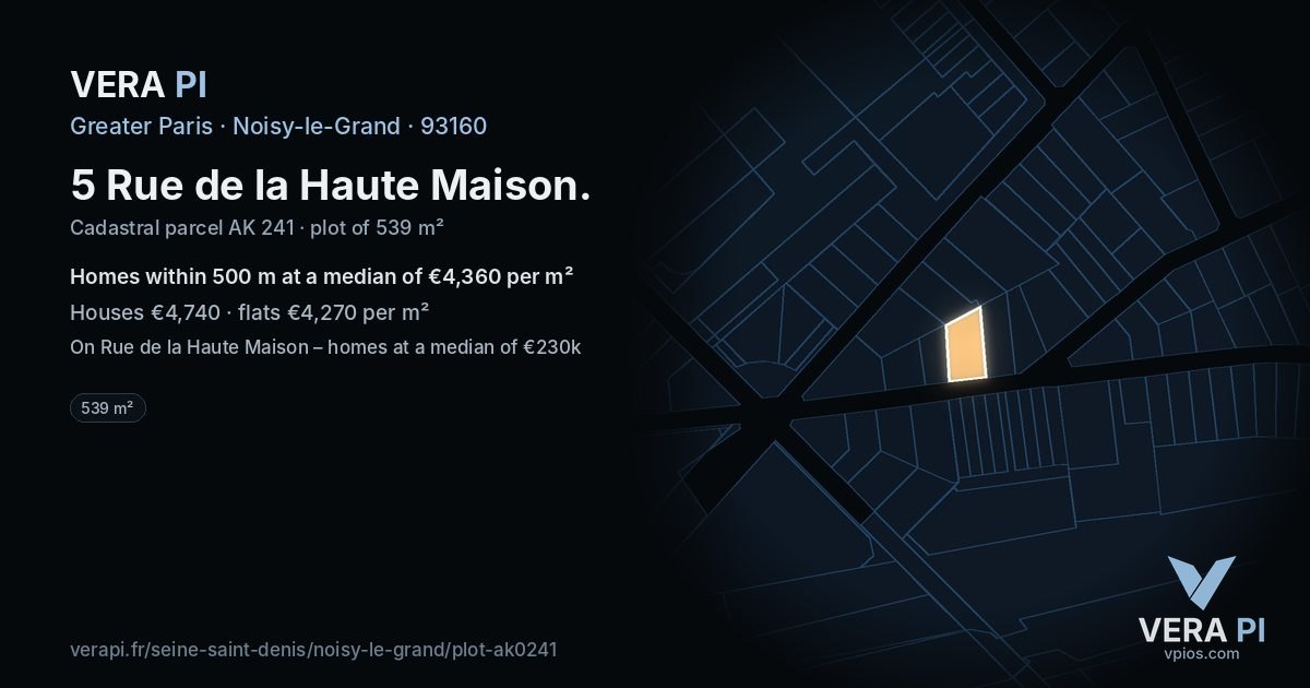 5 Rue de la Haute Maison, Noisy-le-Grand at night – the plot lit, the parcels around coloured by the prices near them