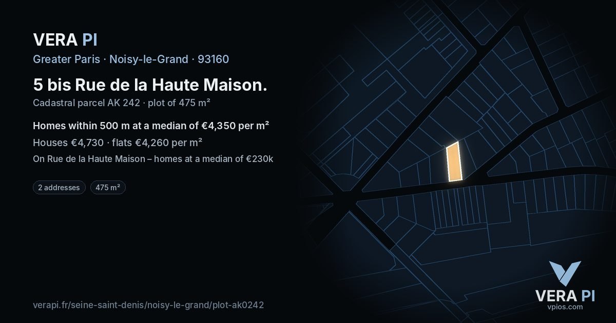 5 bis Rue de la Haute Maison, Noisy-le-Grand at night – the plot lit, the parcels around coloured by the prices near them