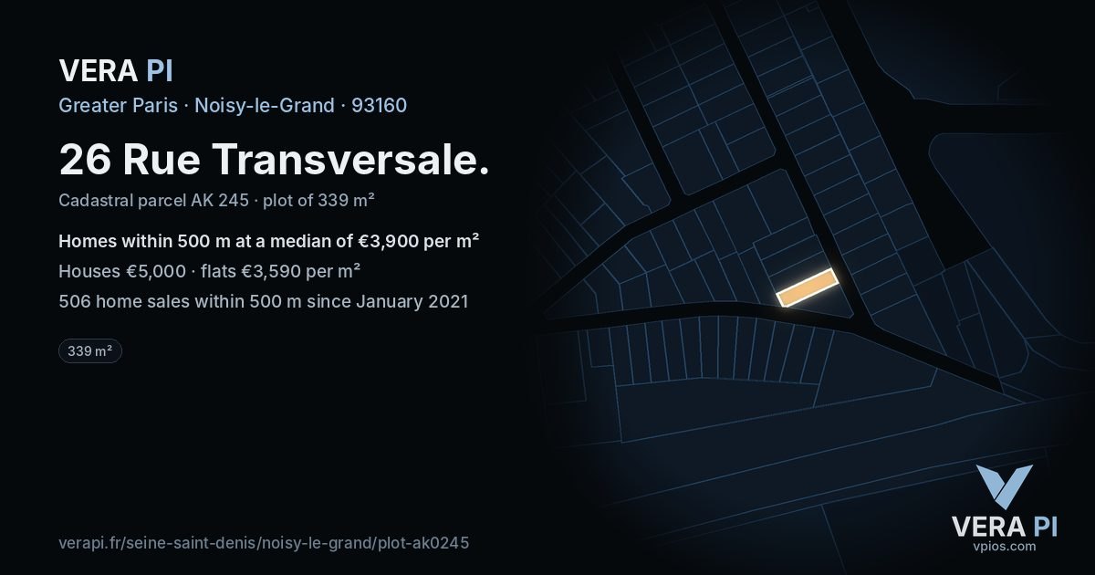 26 Rue Transversale, Noisy-le-Grand at night – the plot lit, the parcels around coloured by the prices near them