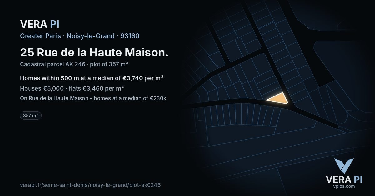 25 Rue de la Haute Maison, Noisy-le-Grand at night – the plot lit, the parcels around coloured by the prices near them
