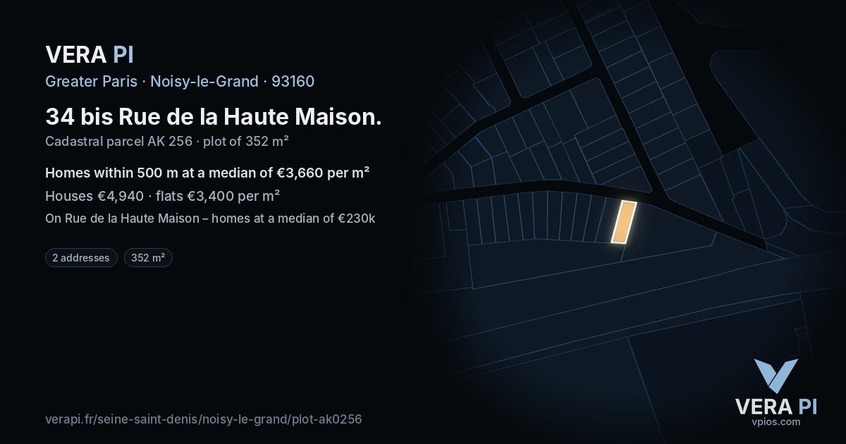 34 bis Rue de la Haute Maison, Noisy-le-Grand at night – the plot lit, the parcels around coloured by the prices near them