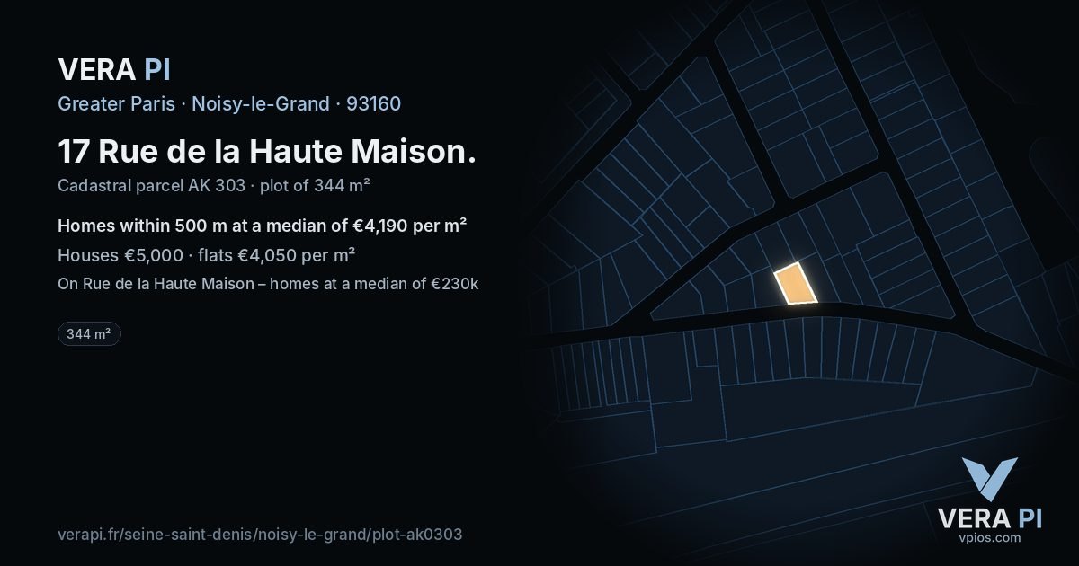 17 Rue de la Haute Maison, Noisy-le-Grand at night – the plot lit, the parcels around coloured by the prices near them